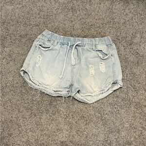 Blue Distressed Jean Shorts with Elastic Waistband